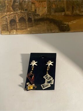 Asymmetrical Star Drop Earrings with White, Brown & Gold Accents